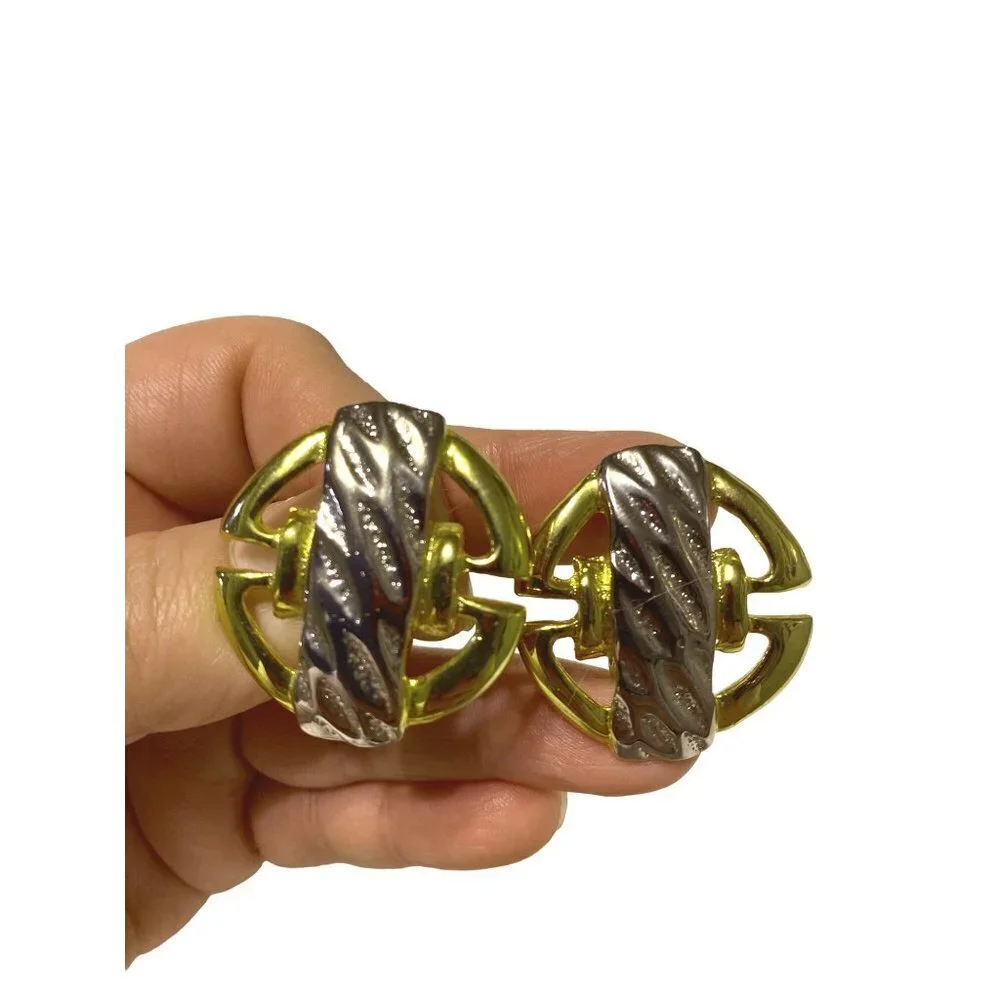 Vintage Clip Earrings Chunky Sandy Gold & silver Tone Metallic Round Geometric 1